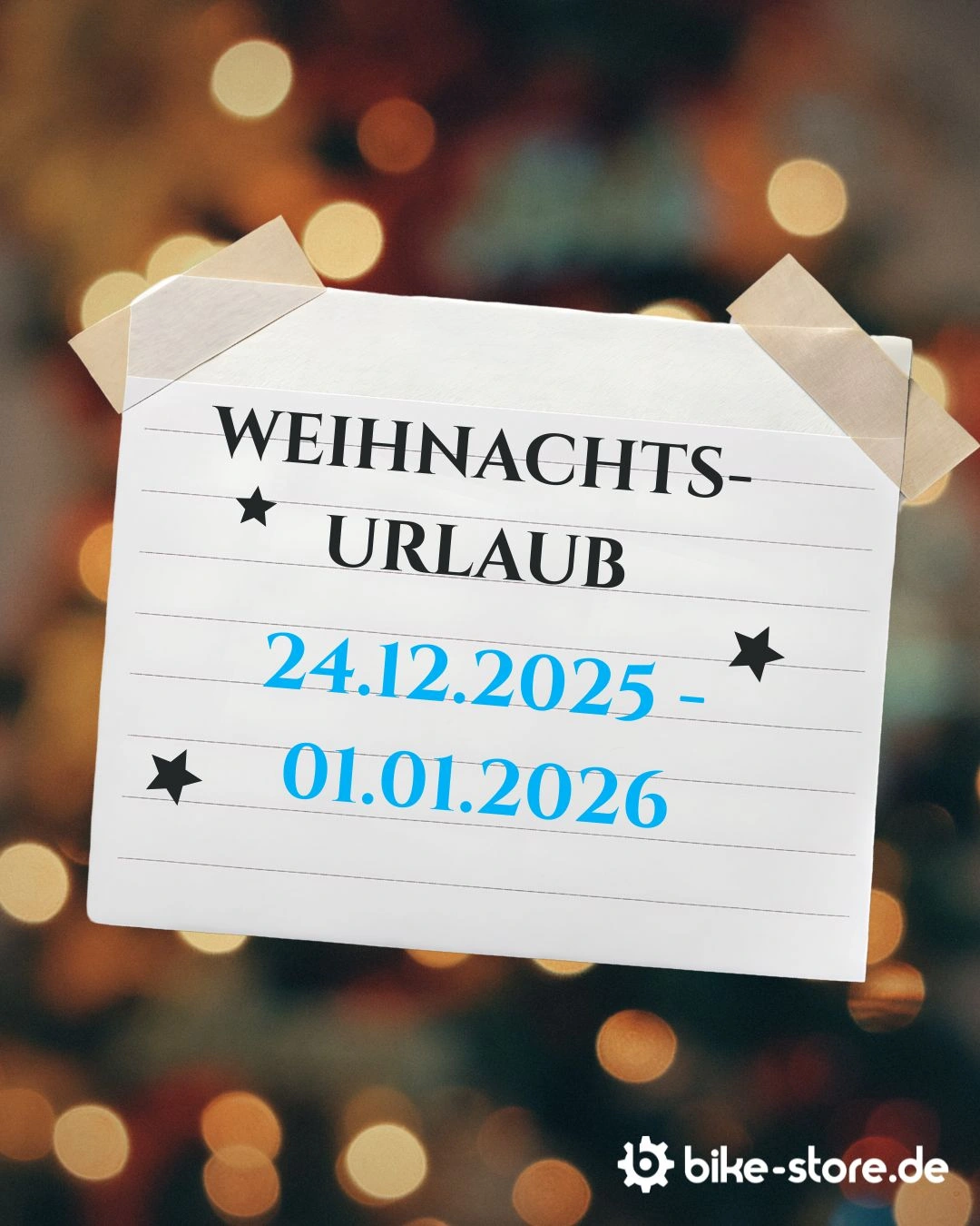 Glitzernder, festlicher Hintergrund in warmen Winter- und Weihnachtstönen, dezente Lichtreflexe und funkelnde Partikel. Im Vordergrund ein stilisierter Kalender mit der Beschriftung „Weihnachtsurlaub 24.12.2025 – 01.01.2026“